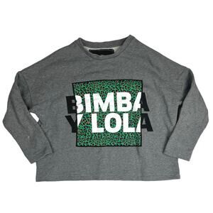 Bimba Y Lola Gray Green Leopard Graphic Crop Long Sleeve Sweatshirt Top Size S